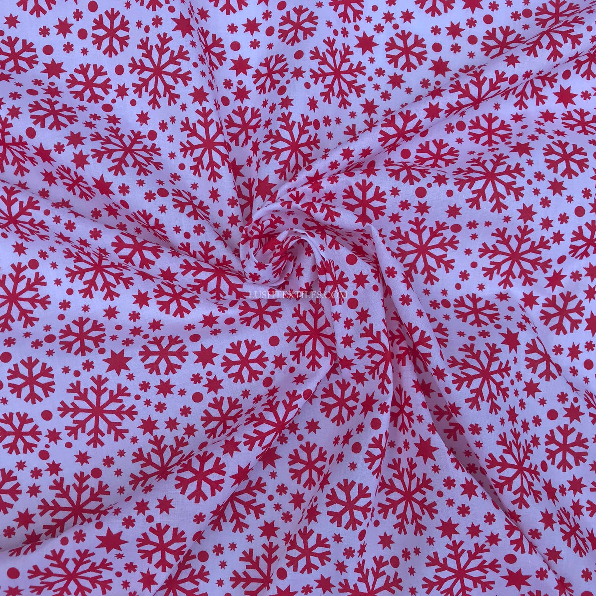 Red Snowflake Print Xmas Polycotton Fabric 45", White - Bull Ring Fabrics