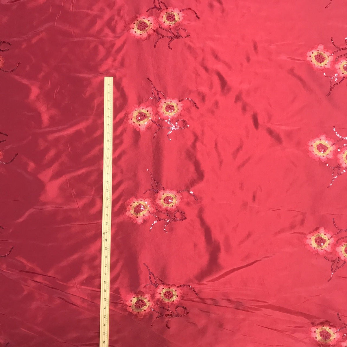 Red Taffeta Fabric Floral Sequins Embroidery Dress Material 60" - Bull Ring Fabrics