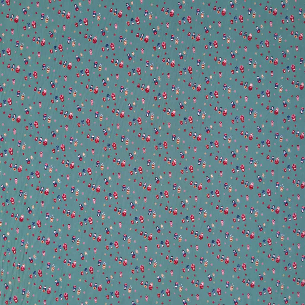 Russian Dolls Print Cotton Poplin Dress Fabric, Mint - Bull Ring Fabrics