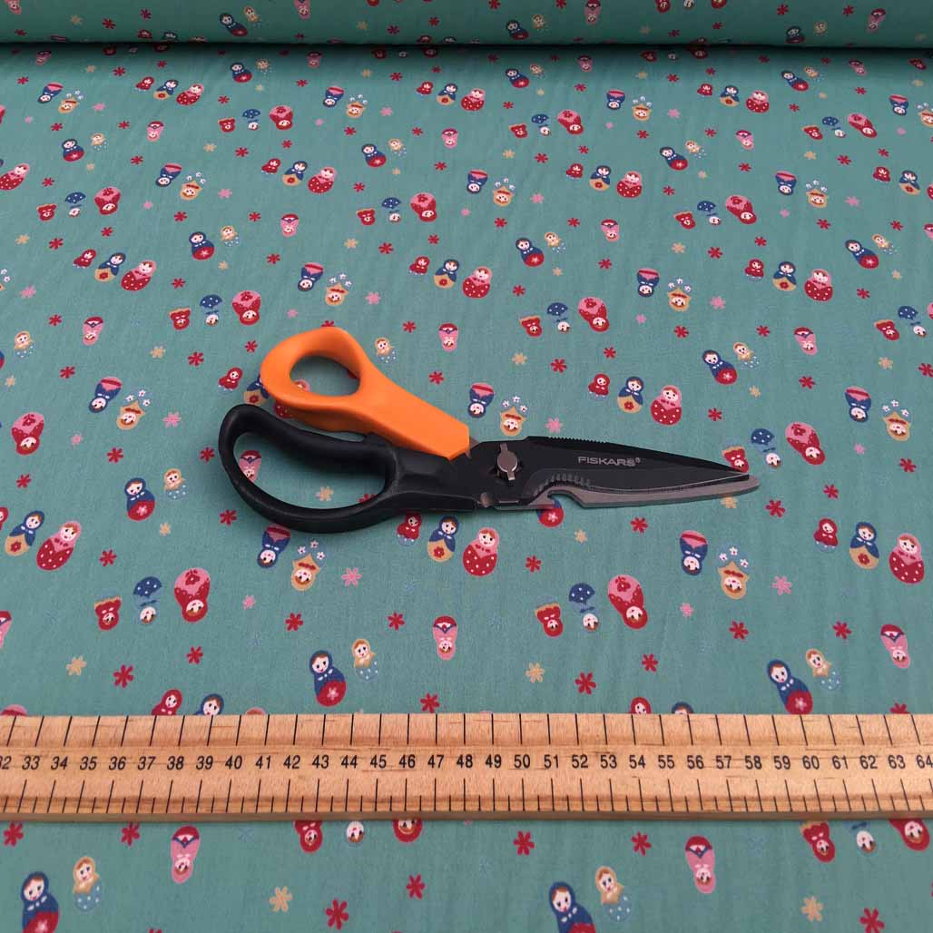 Russian Dolls Print Cotton Poplin Dress Fabric, Mint - Bull Ring Fabrics