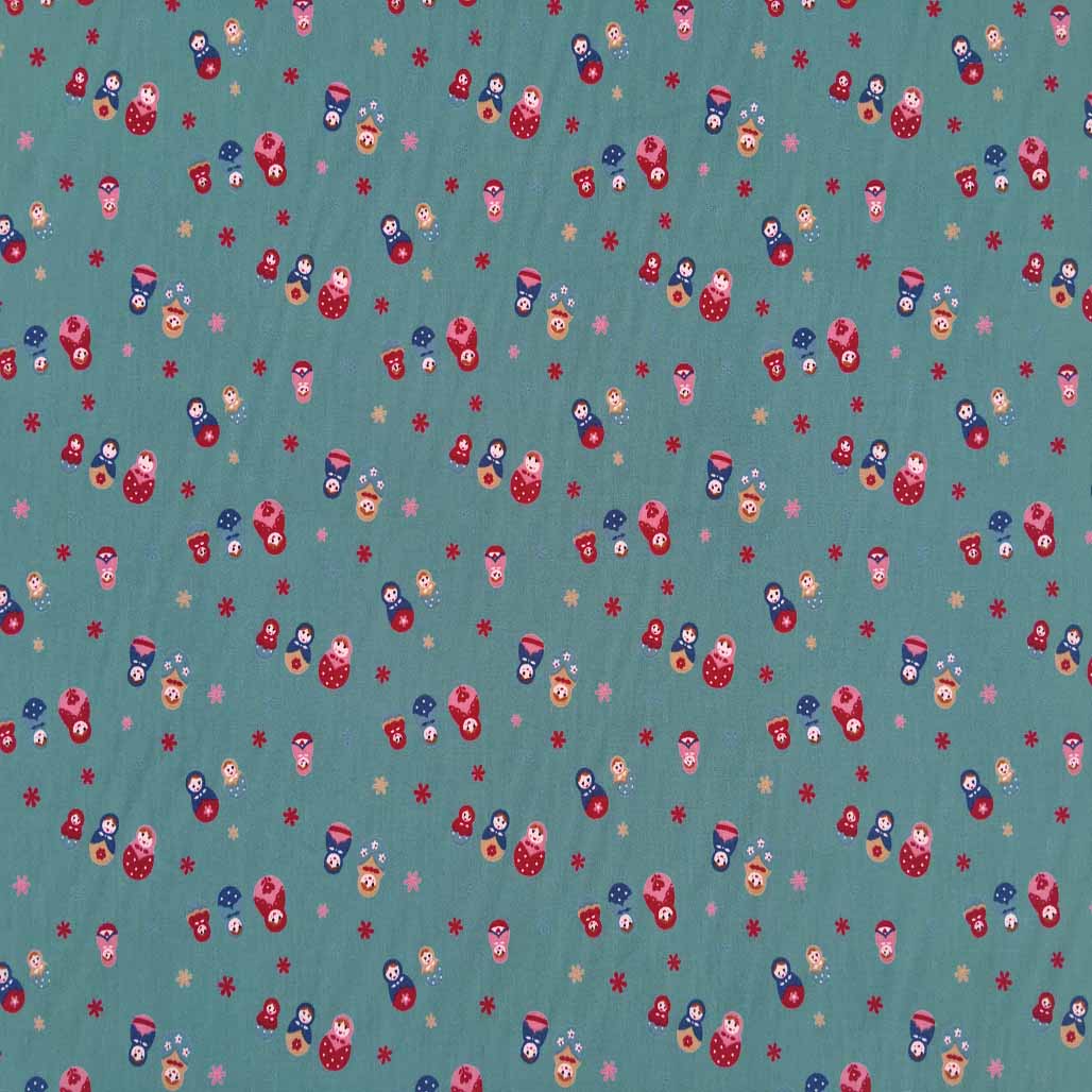 Russian Dolls Print Cotton Poplin Dress Fabric, Mint - Bull Ring Fabrics