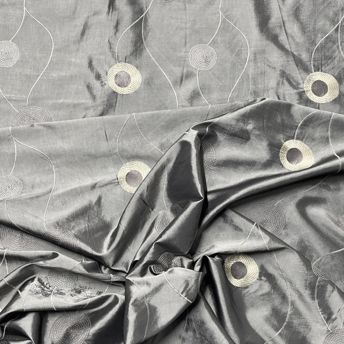 Silver Grey Embroidered Taffeta Fabric Circle Pattern 150cm - Bull Ring Fabrics