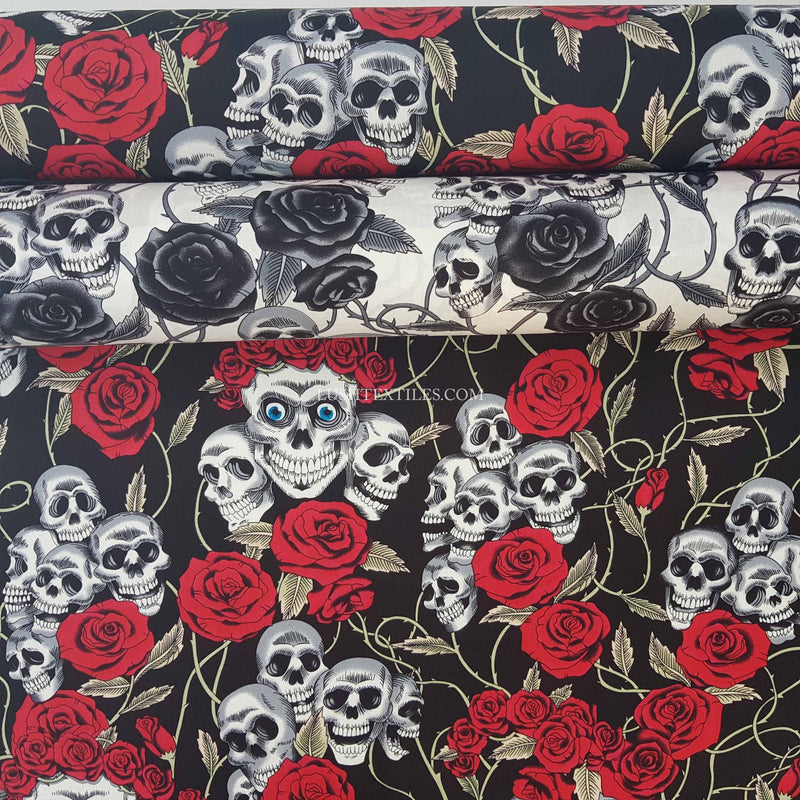 Skulls And Roses Cotton Poplin Fabric - Bull Ring Fabrics