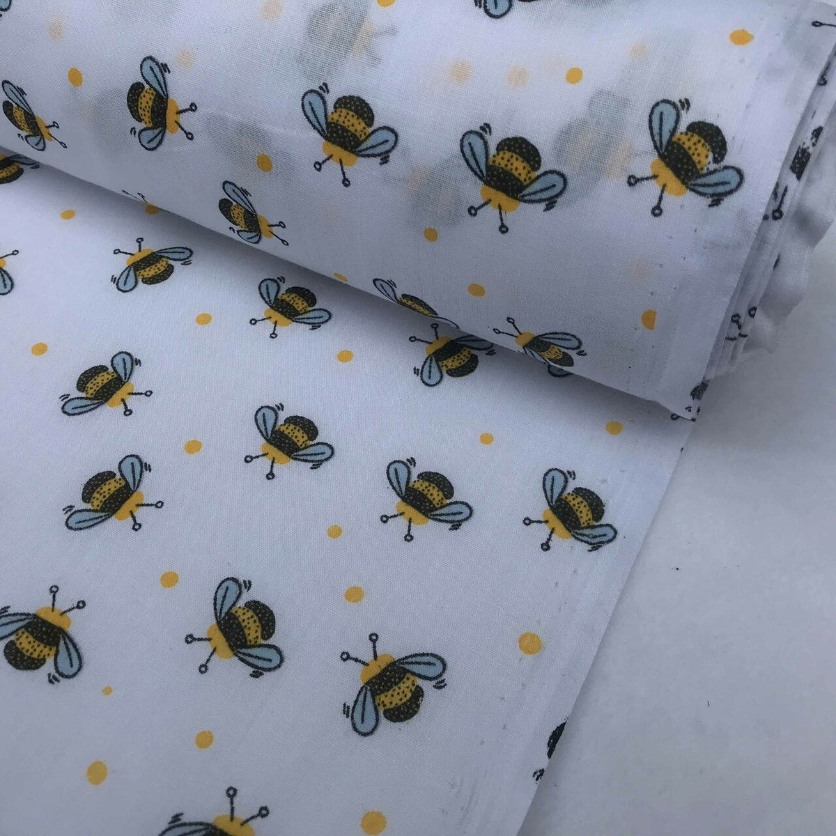 Small Bees Polycotton Print Fabric 45" Wide, White - Bull Ring Fabrics