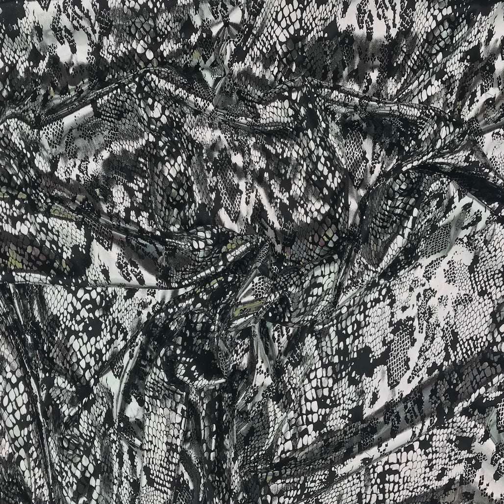 Snake Print Foil Stretch Dress Fabric, Silver/Black - Bull Ring Fabrics