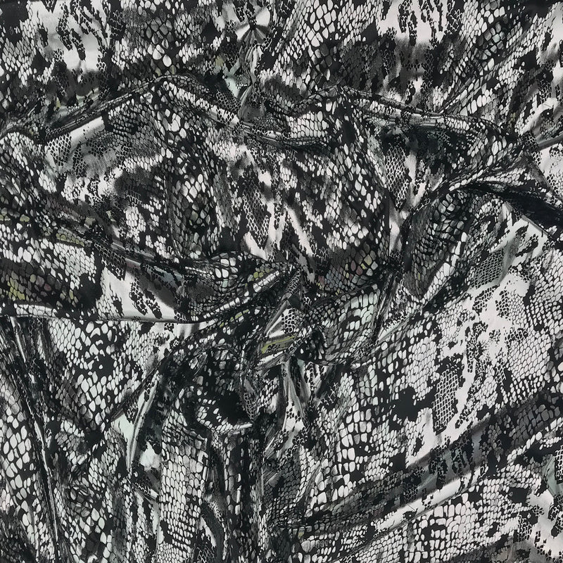 Snake Print Foil Stretch Dress Fabric, Silver/Black - Bull Ring Fabrics