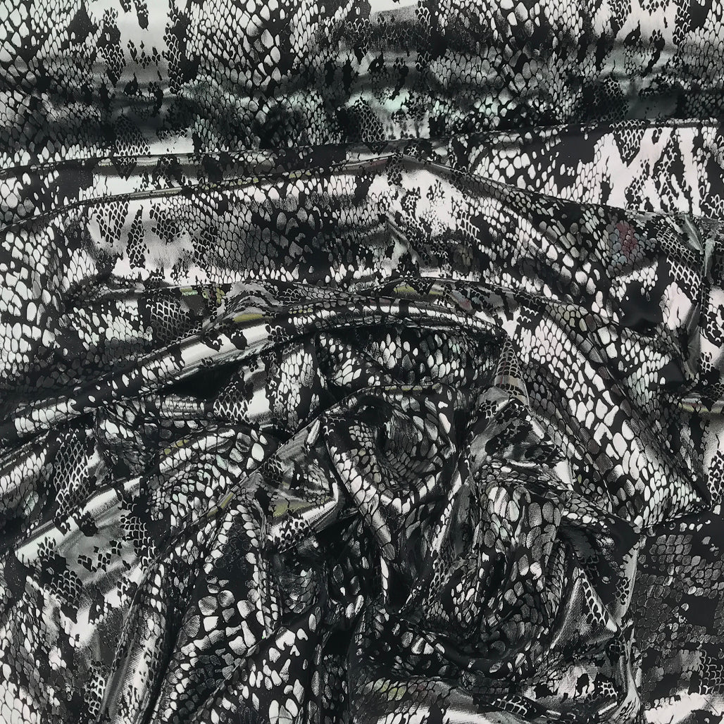 Snake Print Foil Stretch Dress Fabric, Silver/Black - Bull Ring Fabrics
