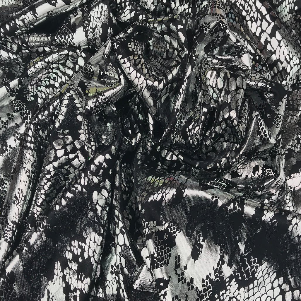 Snake Print Foil Stretch Dress Fabric, Silver/Black - Bull Ring Fabrics