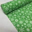 Snowflakes Christmas Polycotton Fabric Xmas Crafts 45", Green - Bull Ring Fabrics