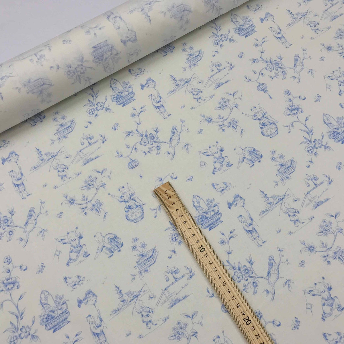 Toile De Jouy Vintage Cotton Fabric, Duck Egg - Bull Ring Fabrics