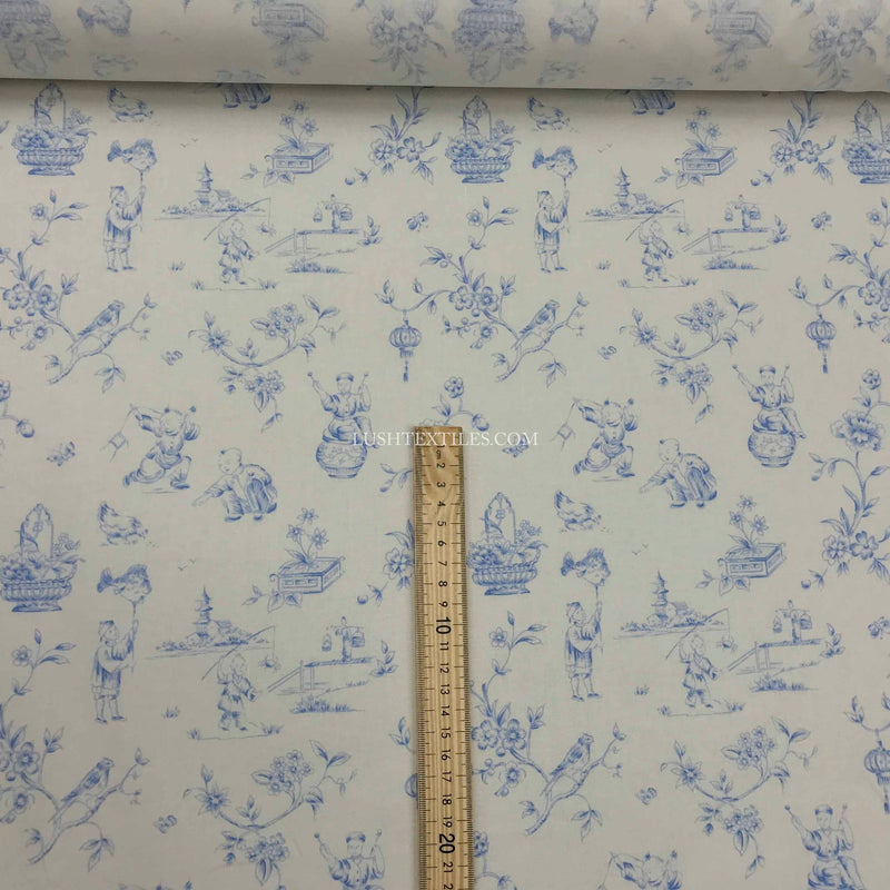 Toile De Jouy Vintage Cotton Fabric, Duck Egg - Bull Ring Fabrics