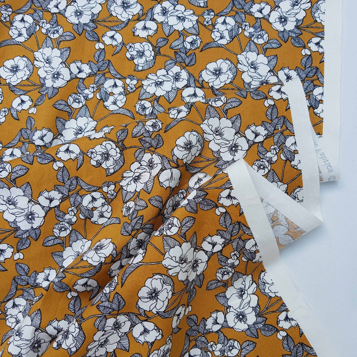 Vintage Flowers Cotton Poplin Dress Fabric, Mustard - Bull Ring Fabrics