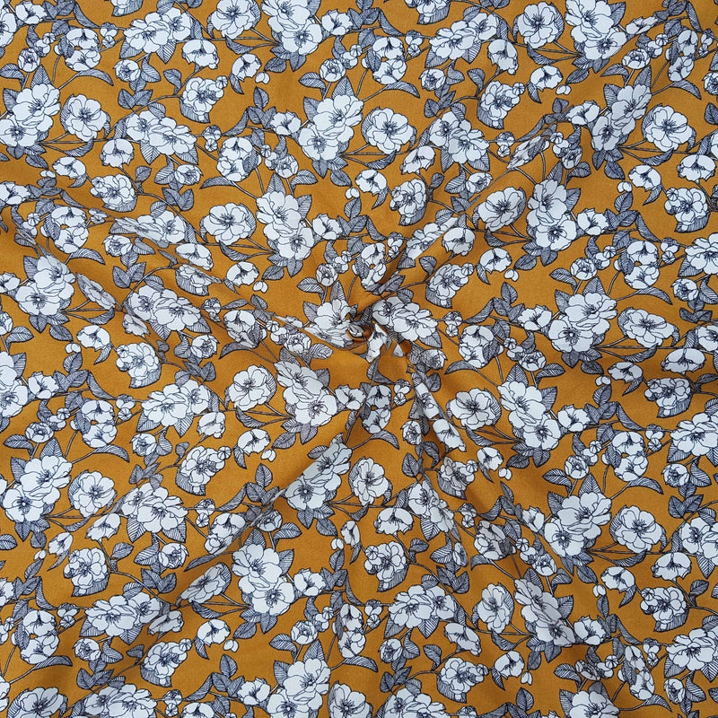 Vintage Flowers Cotton Poplin Dress Fabric, Mustard - Bull Ring Fabrics