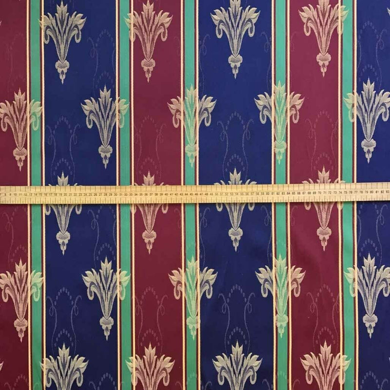 Vintage Mirage Damask Striped Curtain Brocade Fabric 140cm, Red/Green/Blue - Bull Ring Fabrics