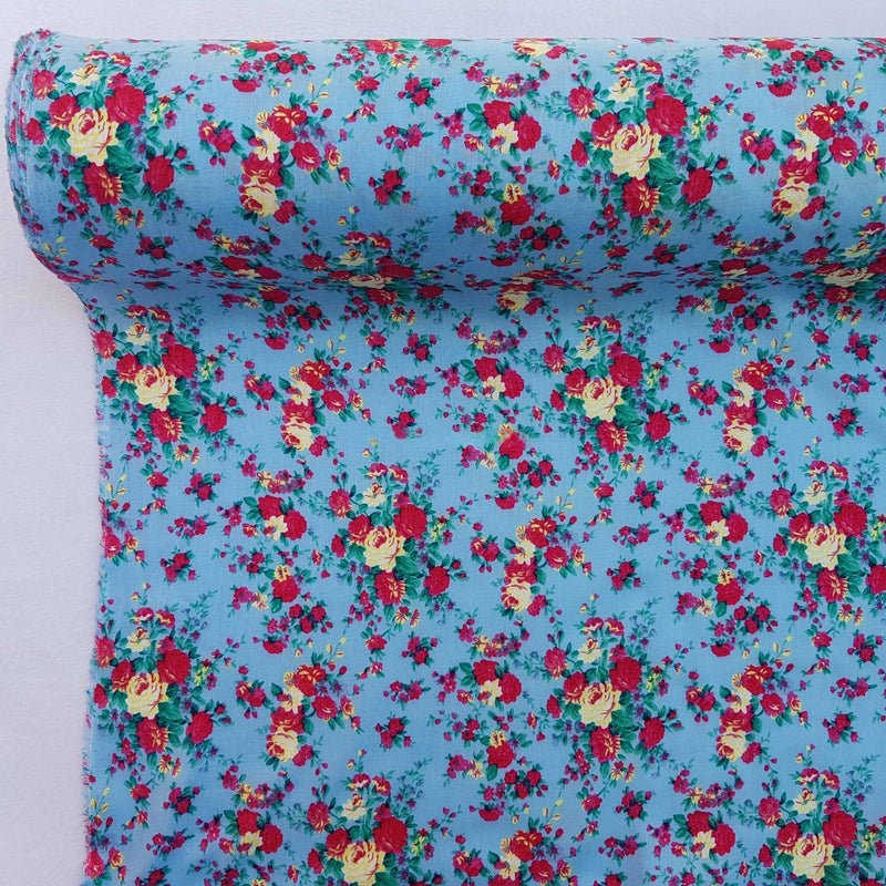 Viscose Roses Floral Summer Dress Fabric 60", Sky Blue - Bull Ring Fabrics