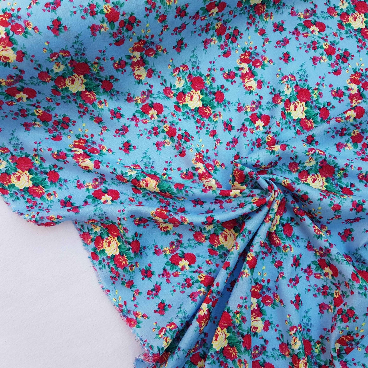 Viscose Roses Floral Summer Dress Fabric 60", Sky Blue - Bull Ring Fabrics