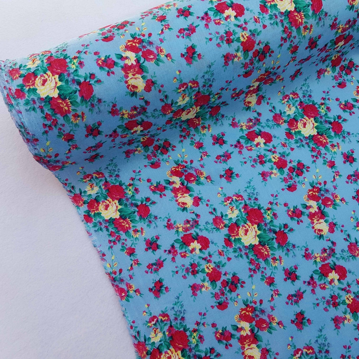 Viscose Roses Floral Summer Dress Fabric 60", Sky Blue - Bull Ring Fabrics