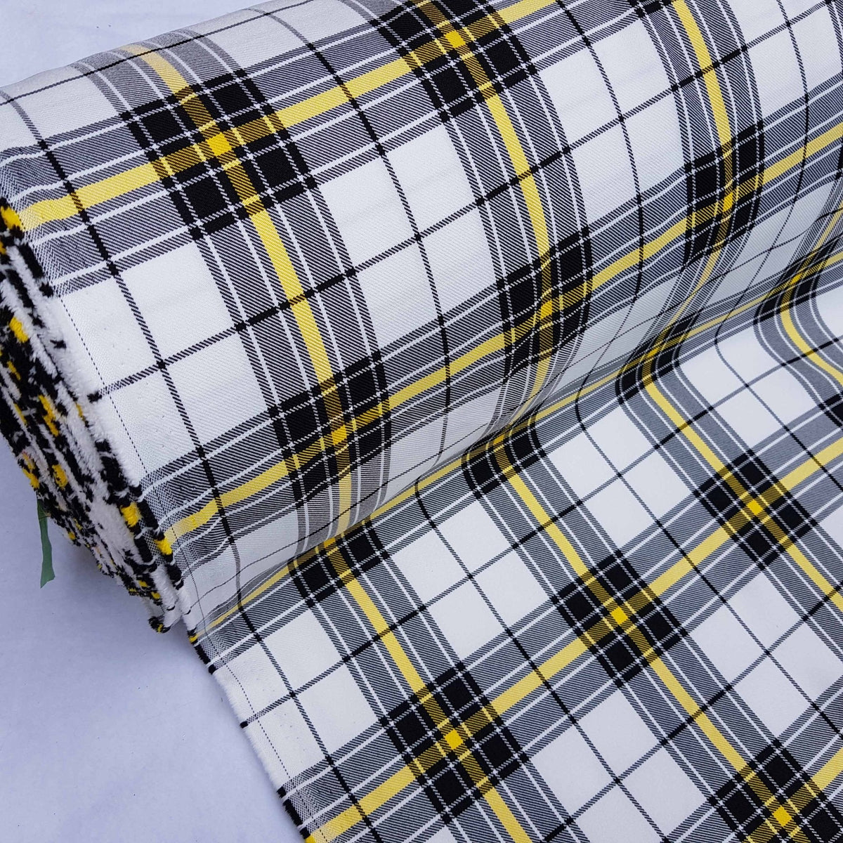White/Yellow Check Tartan Poly Viscose Fabric - Bull Ring Fabrics