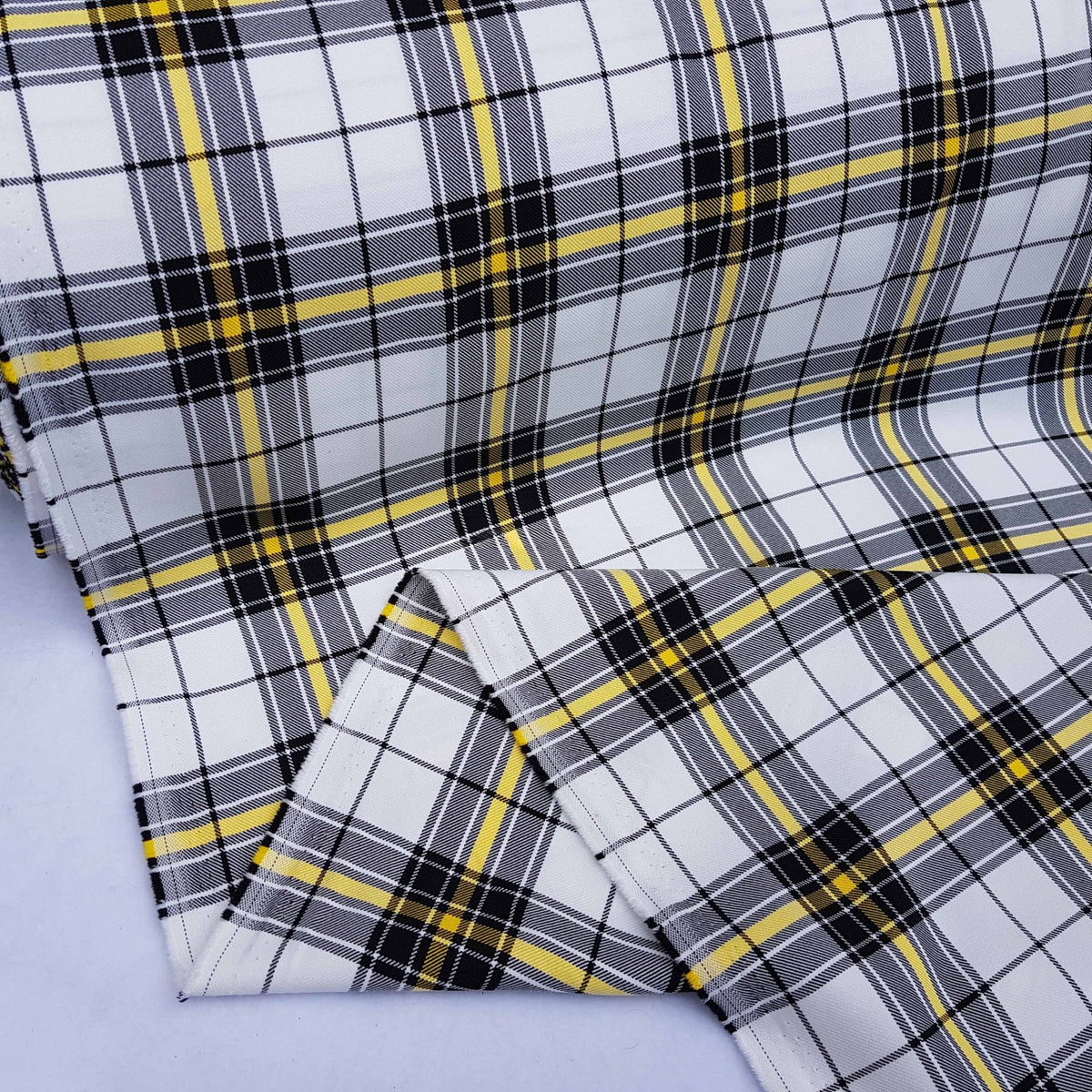 White/Yellow Check Tartan Poly Viscose Fabric - Bull Ring Fabrics
