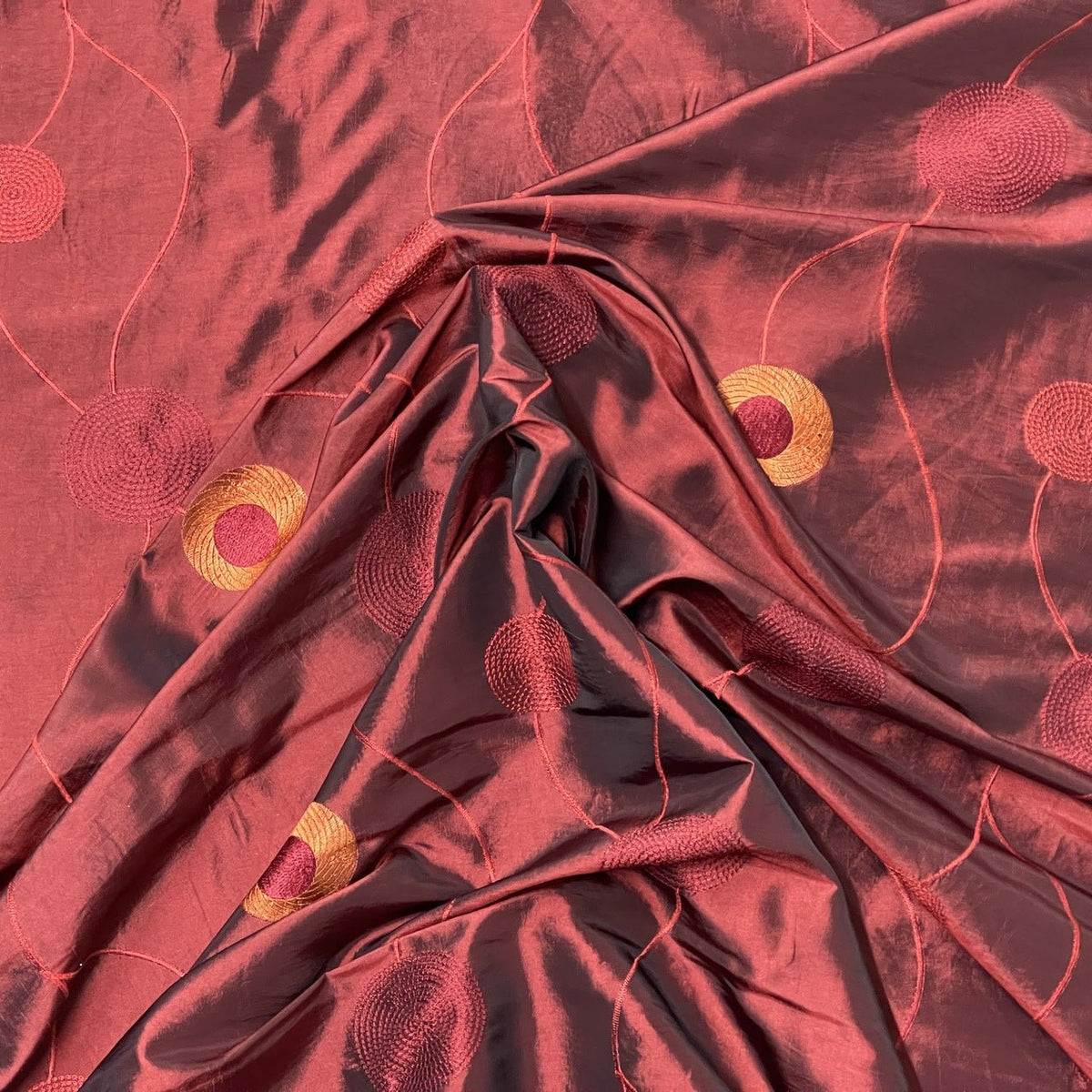 Wine Red Embroidered Taffeta Fabric Gold Circle Pattern 150cm - Bull Ring Fabrics